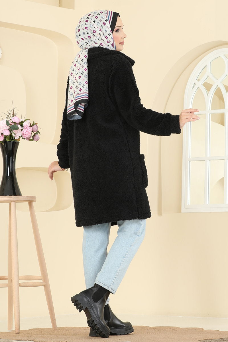 Button-Front Plush Cape Coat with Pockets - Black
