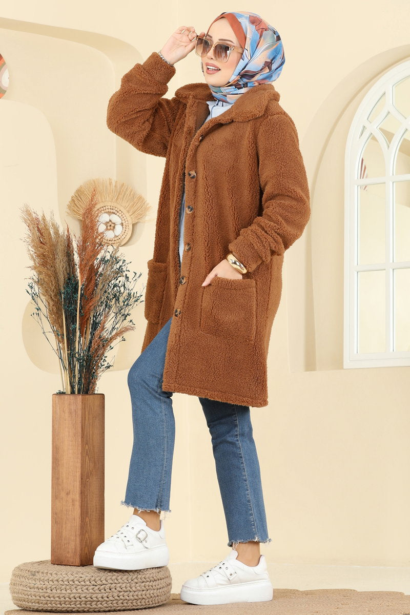 Button-Front Plush Cape Coat with Pockets - Tan