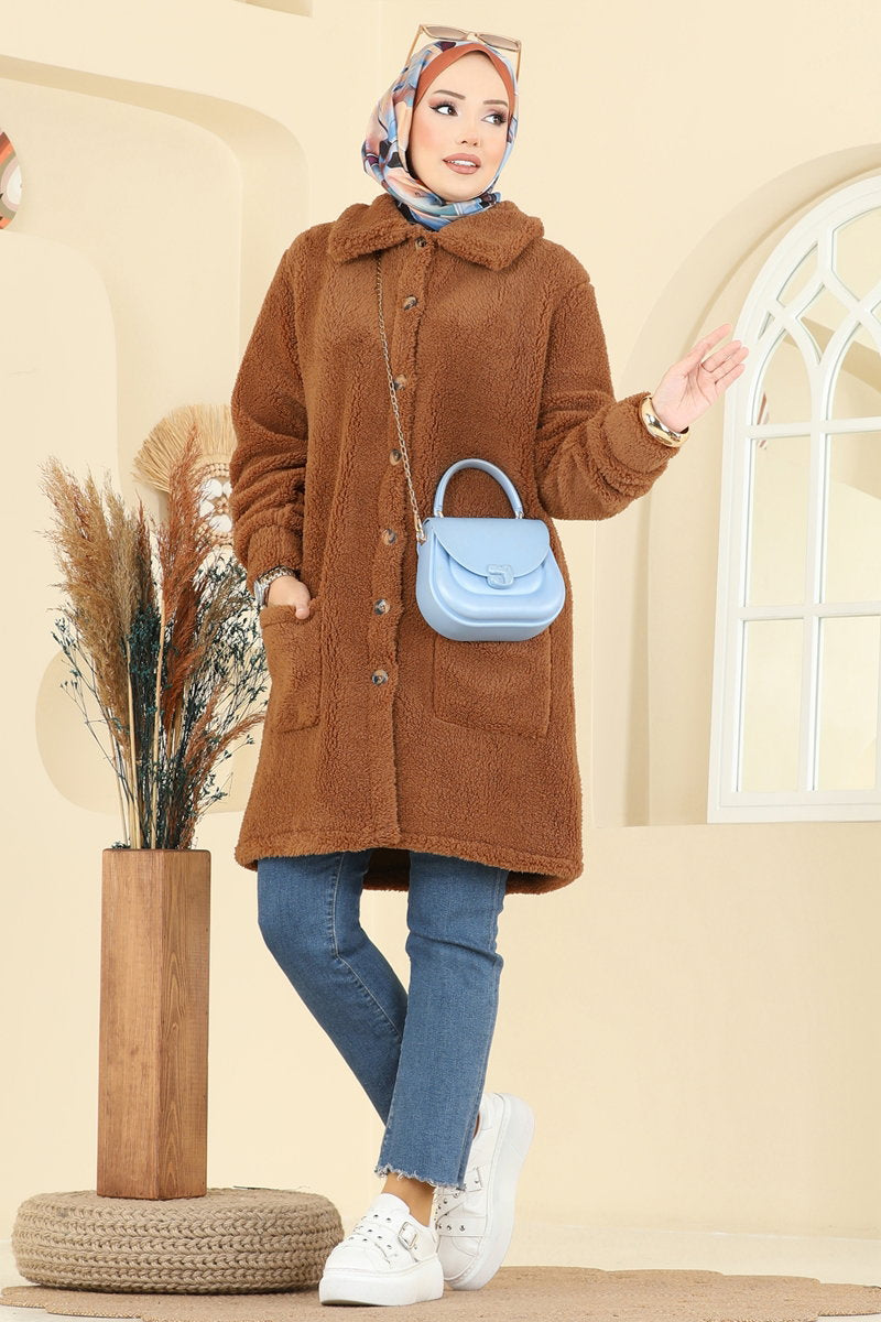 Button-Front Plush Cape Coat with Pockets - Tan