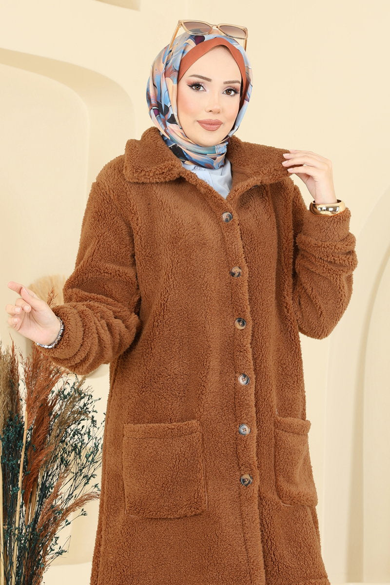 Button-Front Plush Cape Coat with Pockets - Tan