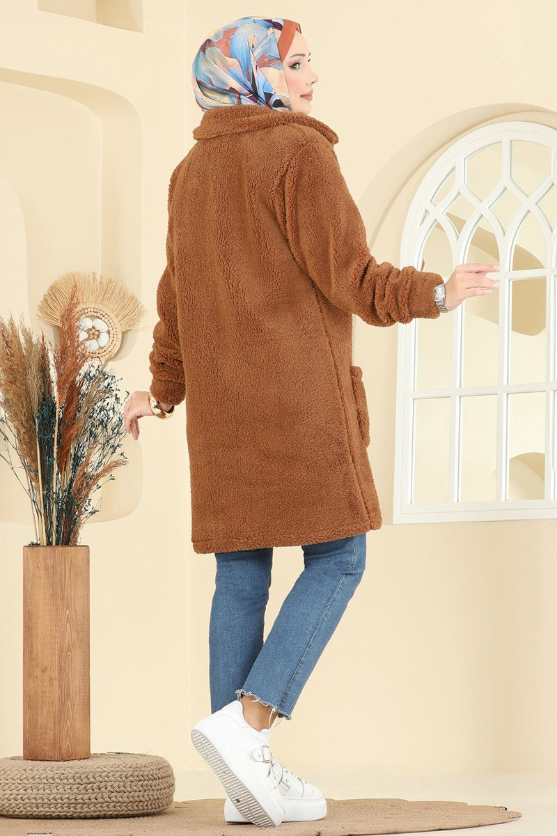 Button-Front Plush Cape Coat with Pockets - Tan