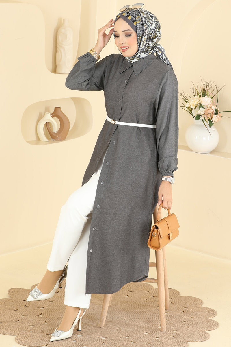 Button-Front Tencel Tunic - Charcoal