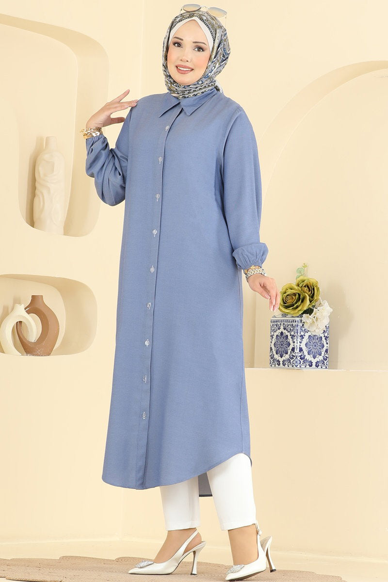 Button-Front Tencel Tunic - Blue