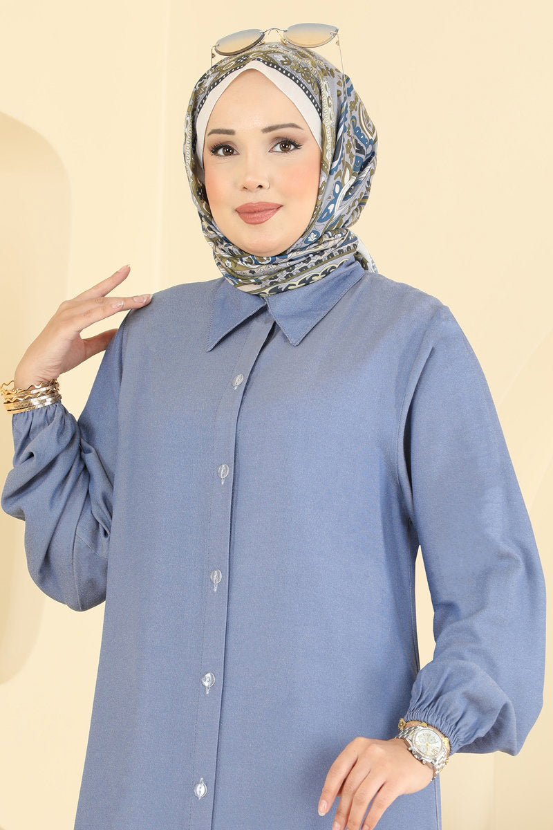 Button-Front Tencel Tunic - Blue