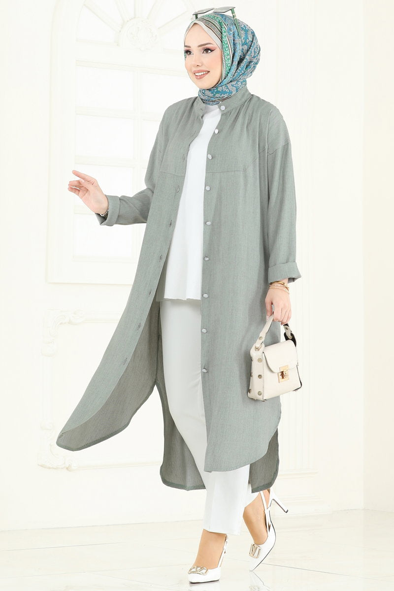 Button-Down Tencel Shirt Tunic - Almond Green