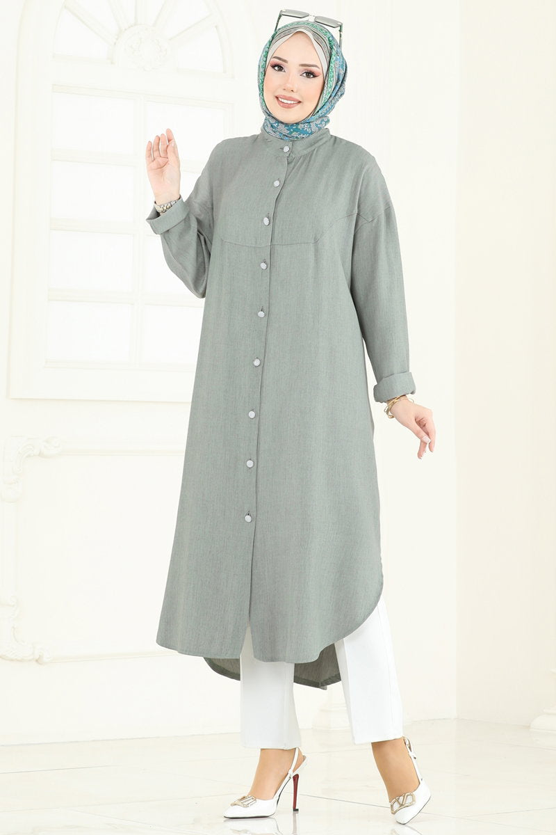 Button-Down Tencel Shirt Tunic - Almond Green