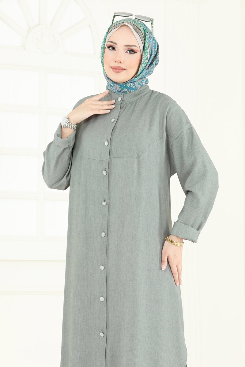 Button-Down Tencel Shirt Tunic - Almond Green