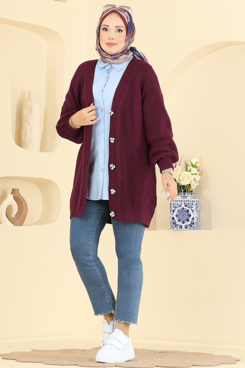 Button-Front Knit Cardigan - Burgundy