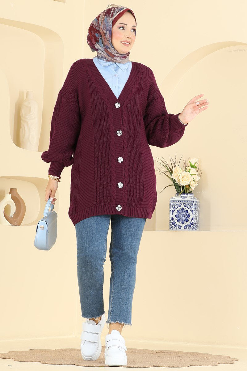 Button-Front Knit Cardigan - Burgundy