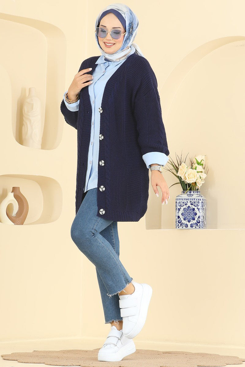 Button-Front Knit Cardigan - Navy