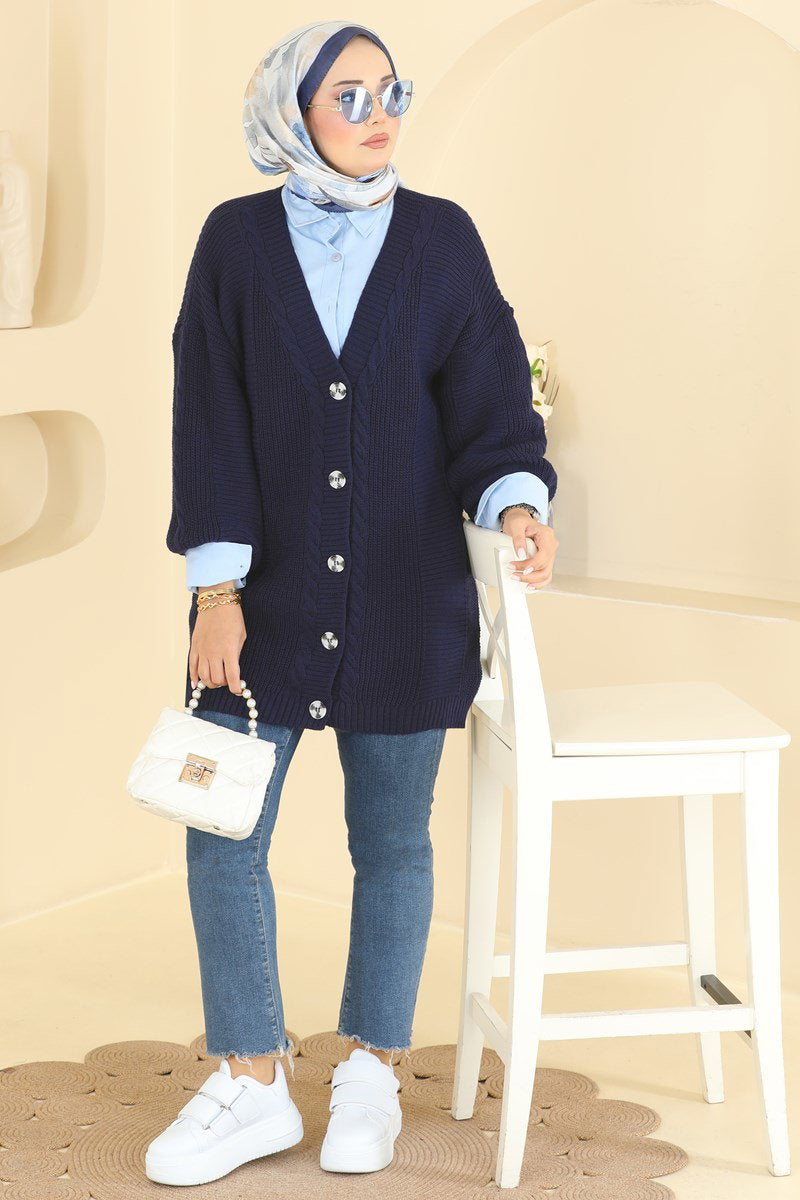Button-Front Knit Cardigan - Navy