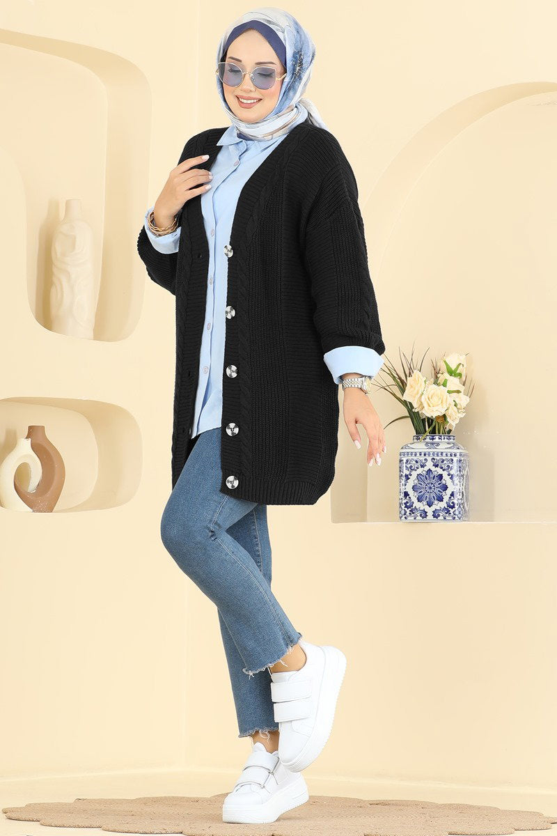 Button-Front Knit Cardigan - Black