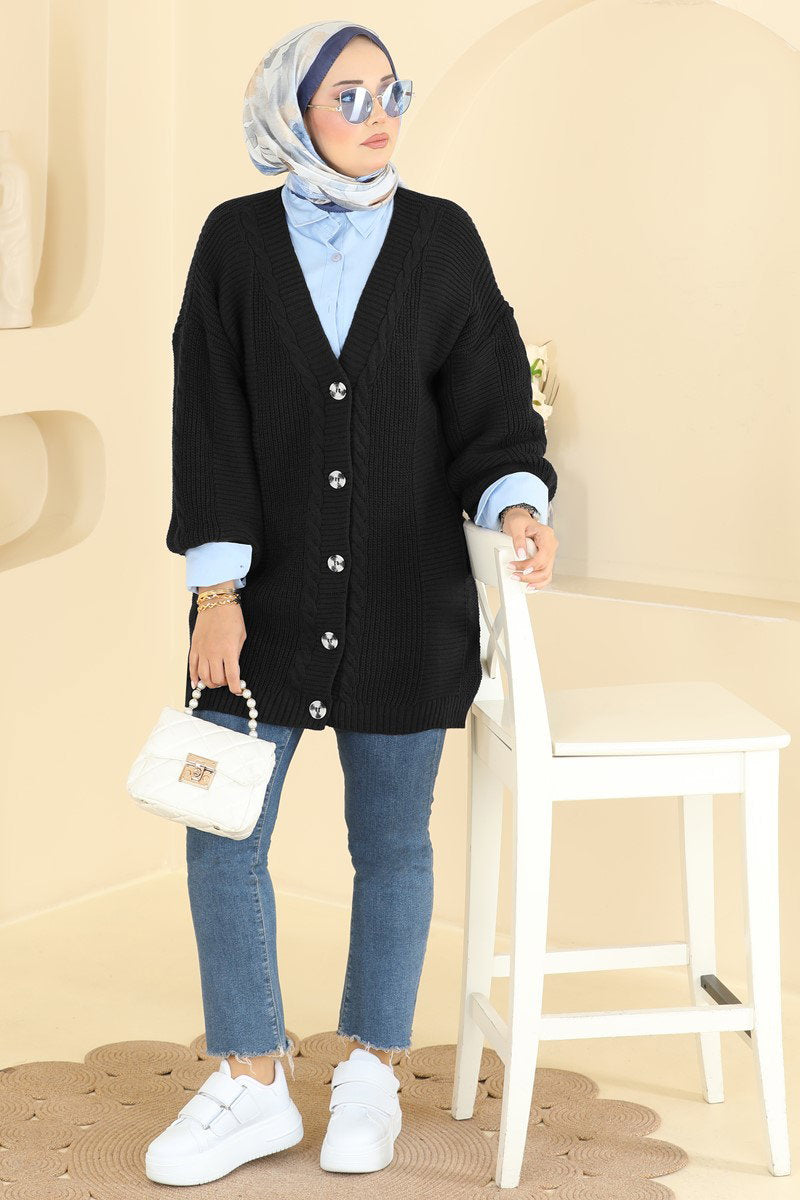 Button-Front Knit Cardigan - Black