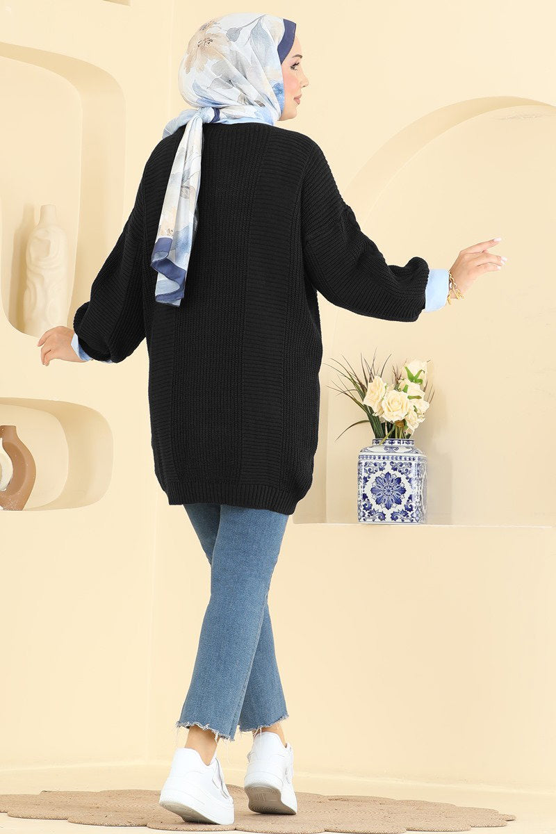 Button-Front Knit Cardigan - Black