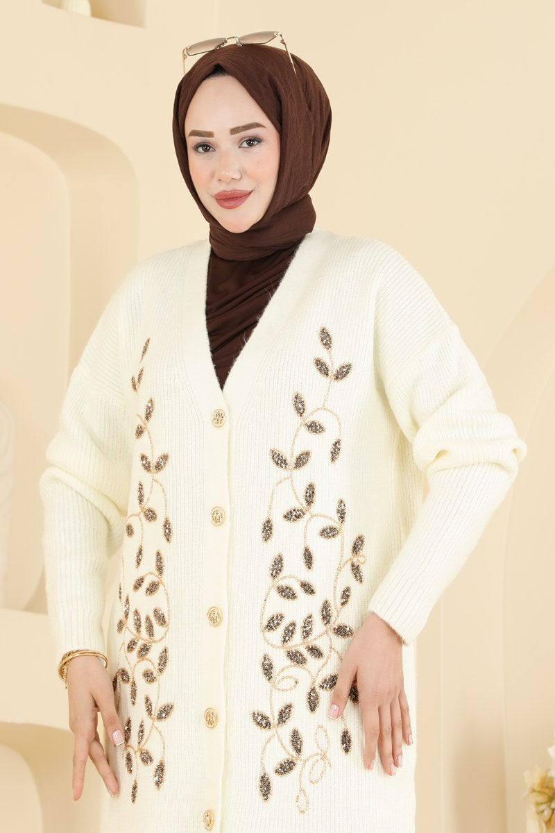 Button-Front Knit Cardigan with Pockets - Ecru