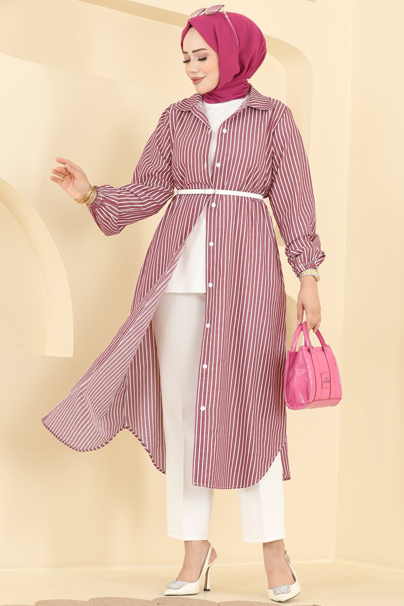 Long Button-Front Woven Tunic - Burgundy