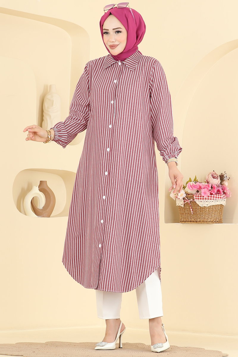 Long Button-Front Woven Tunic - Burgundy