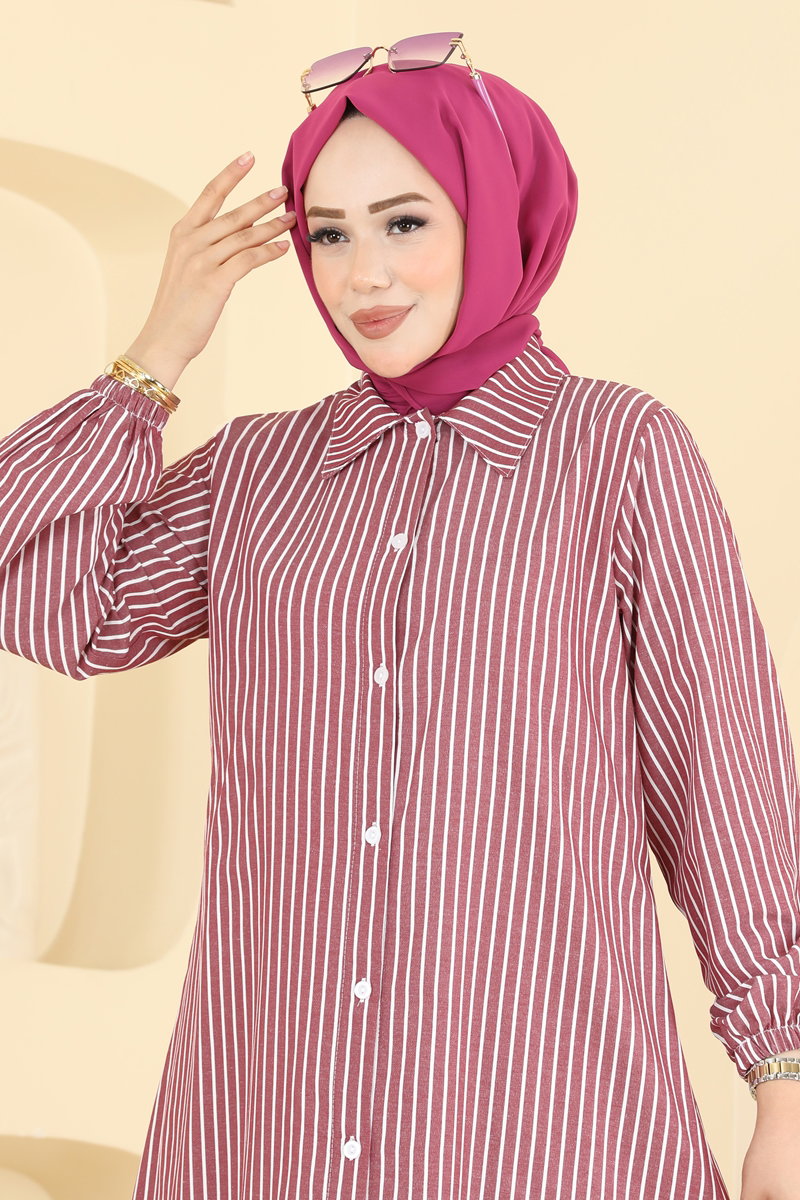Long Button-Front Woven Tunic - Burgundy