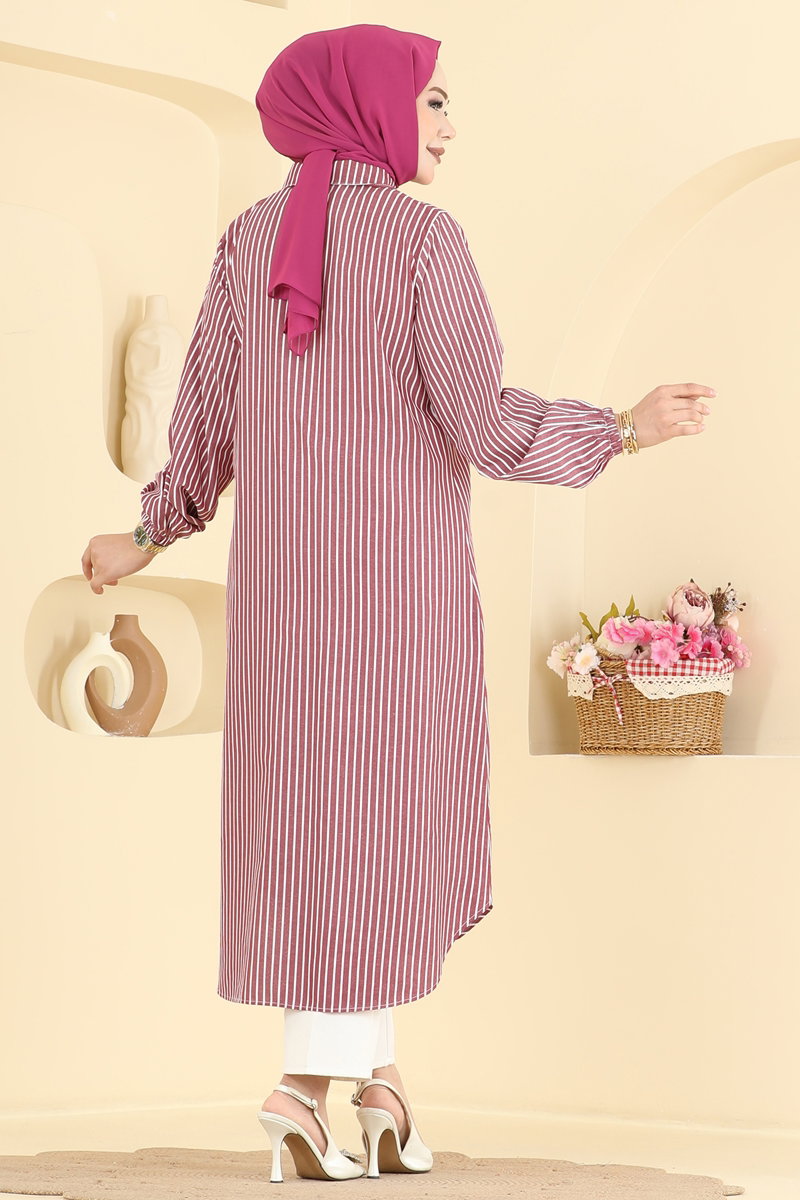 Long Button-Front Woven Tunic - Burgundy