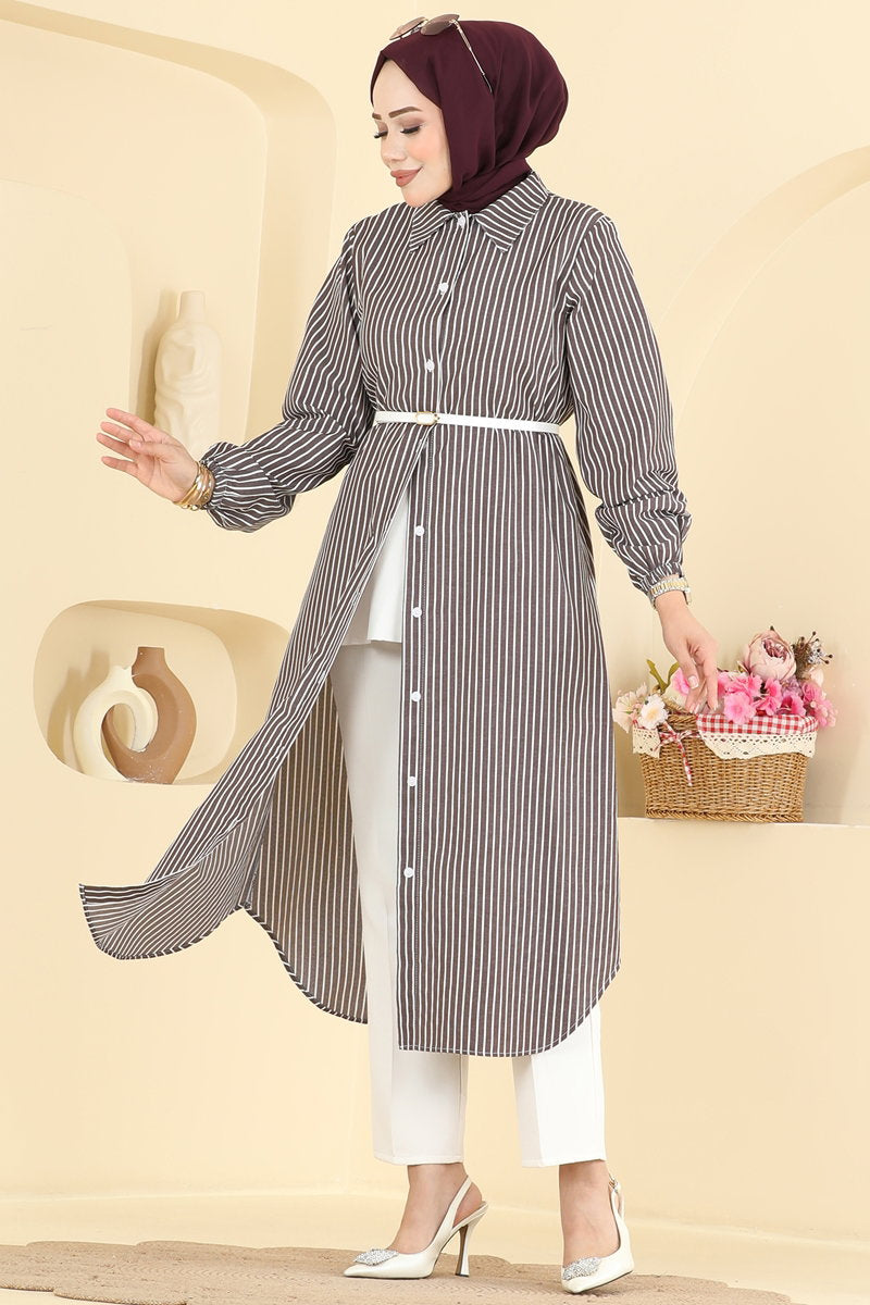Long Button-Front Woven Tunic - Brown