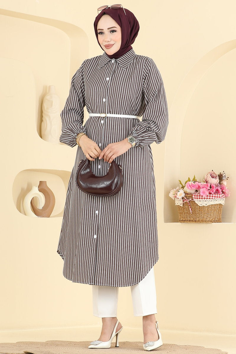 Long Button-Front Woven Tunic - Brown
