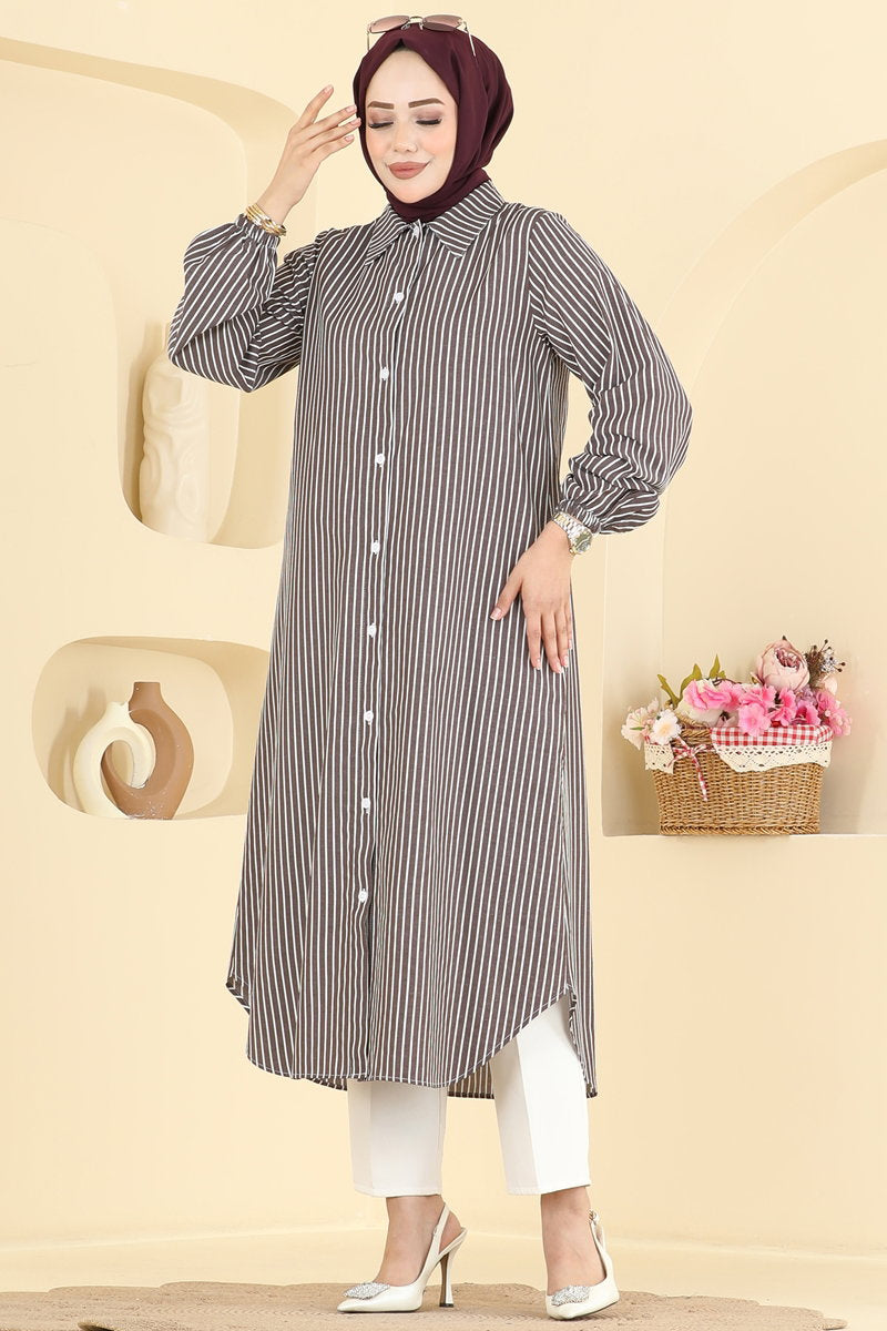 Long Button-Front Woven Tunic - Brown