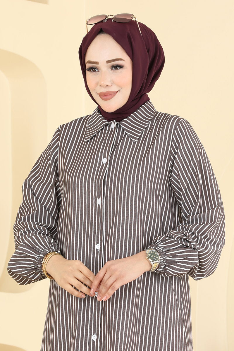 Long Button-Front Woven Tunic - Brown