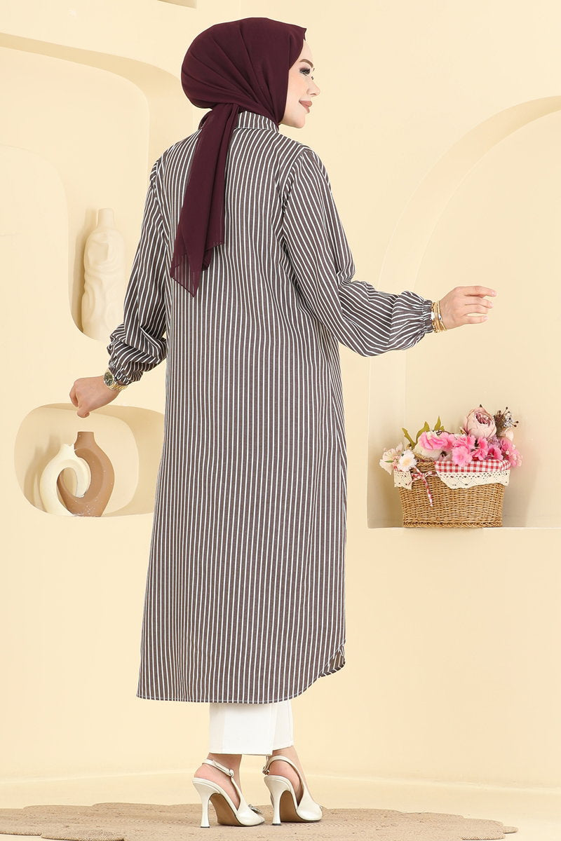 Long Button-Front Woven Tunic - Brown
