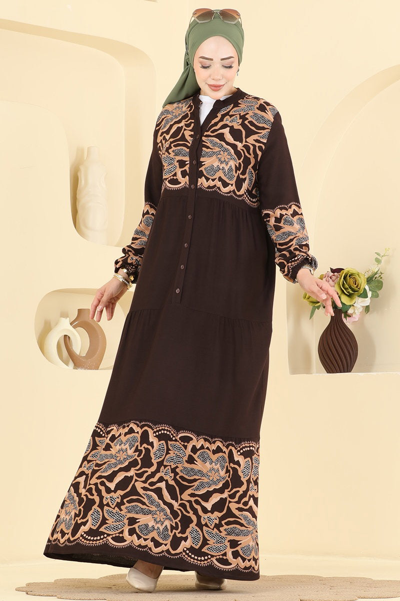Button-Front Viscose Dress - Brown