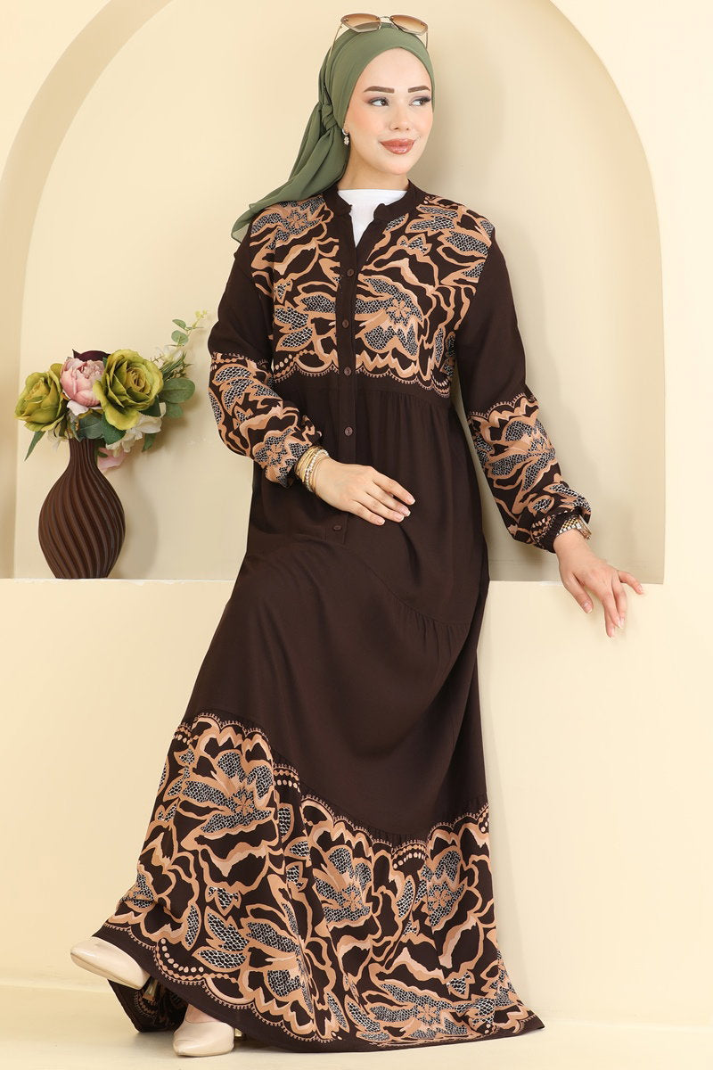 Button-Front Viscose Dress - Brown