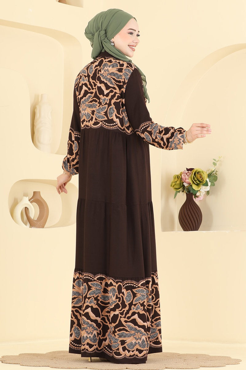 Button-Front Viscose Dress - Brown
