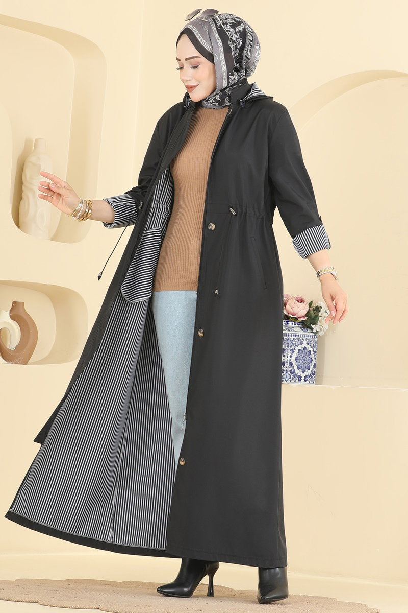 Gathered Zip-Front Trench Coat - Black