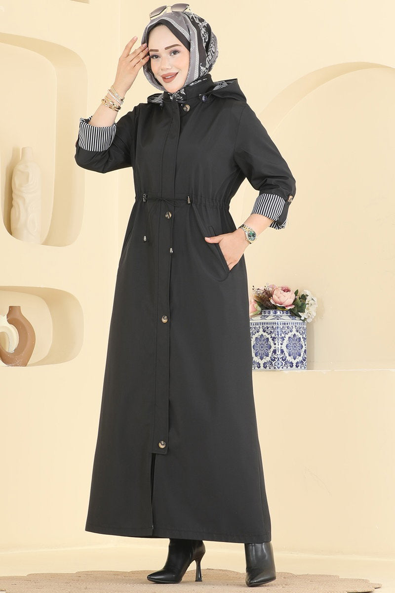 Gathered Zip-Front Trench Coat - Black