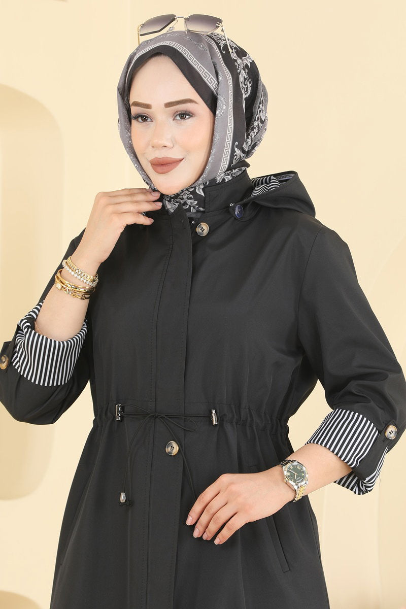 Gathered Zip-Front Trench Coat - Black