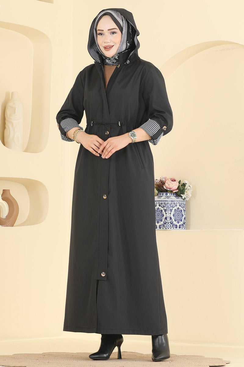 Gathered Zip-Front Trench Coat - Black