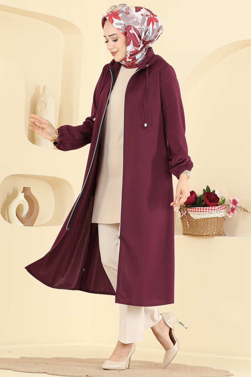 Zip-Front Hooded Cape Coat - Burgundy