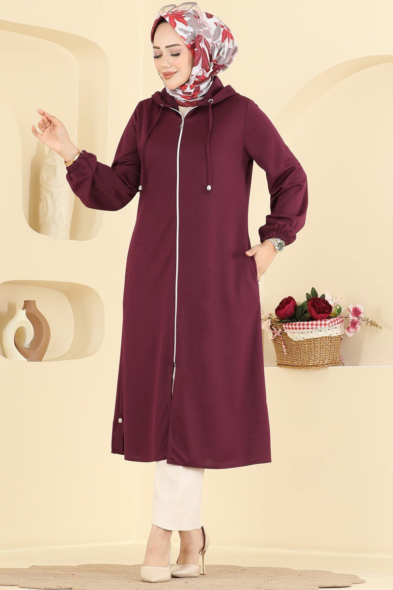 Zip-Front Hooded Cape Coat - Burgundy