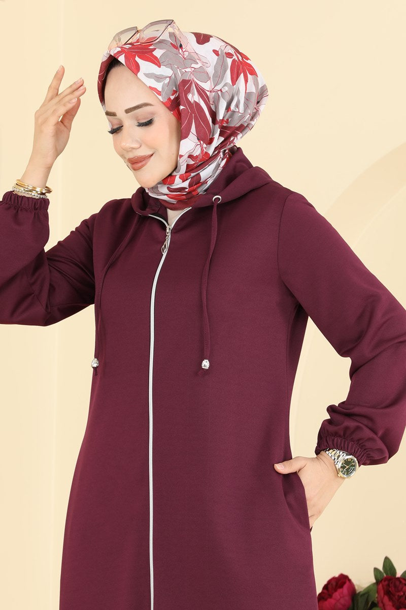 Zip-Front Hooded Cape Coat - Burgundy