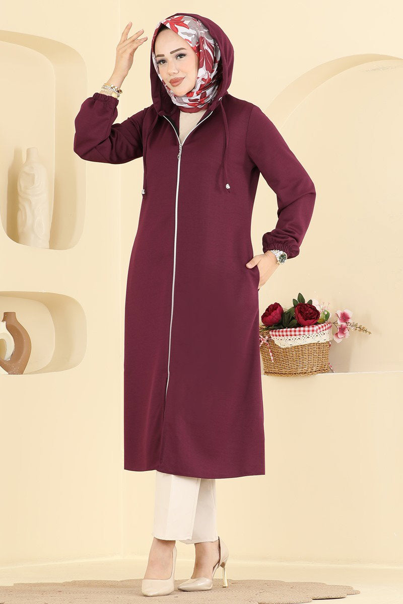 Zip-Front Hooded Cape Coat - Burgundy