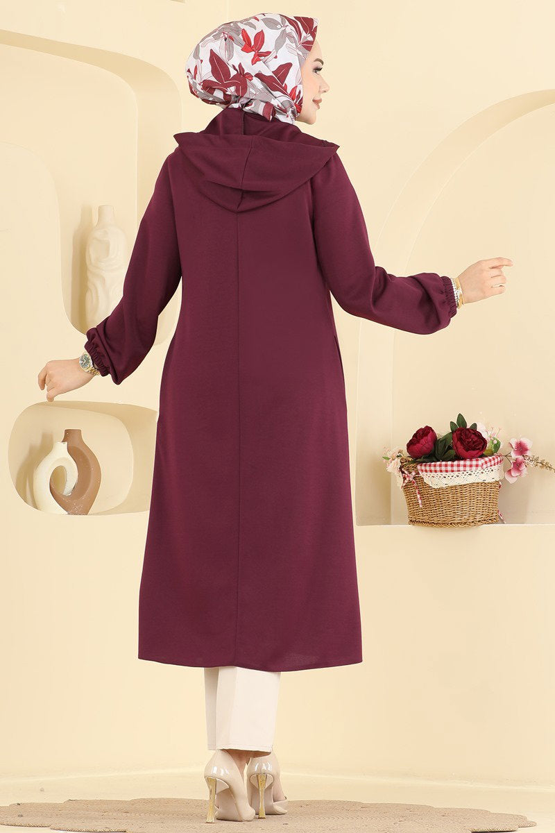 Zip-Front Hooded Cape Coat - Burgundy
