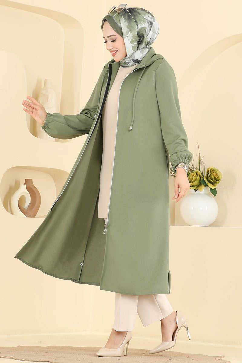 Zip-Front Hooded Cape Coat - Almond Green