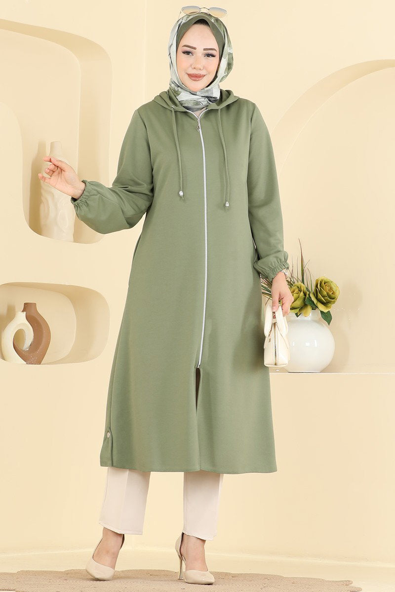 Zip-Front Hooded Cape Coat - Almond Green