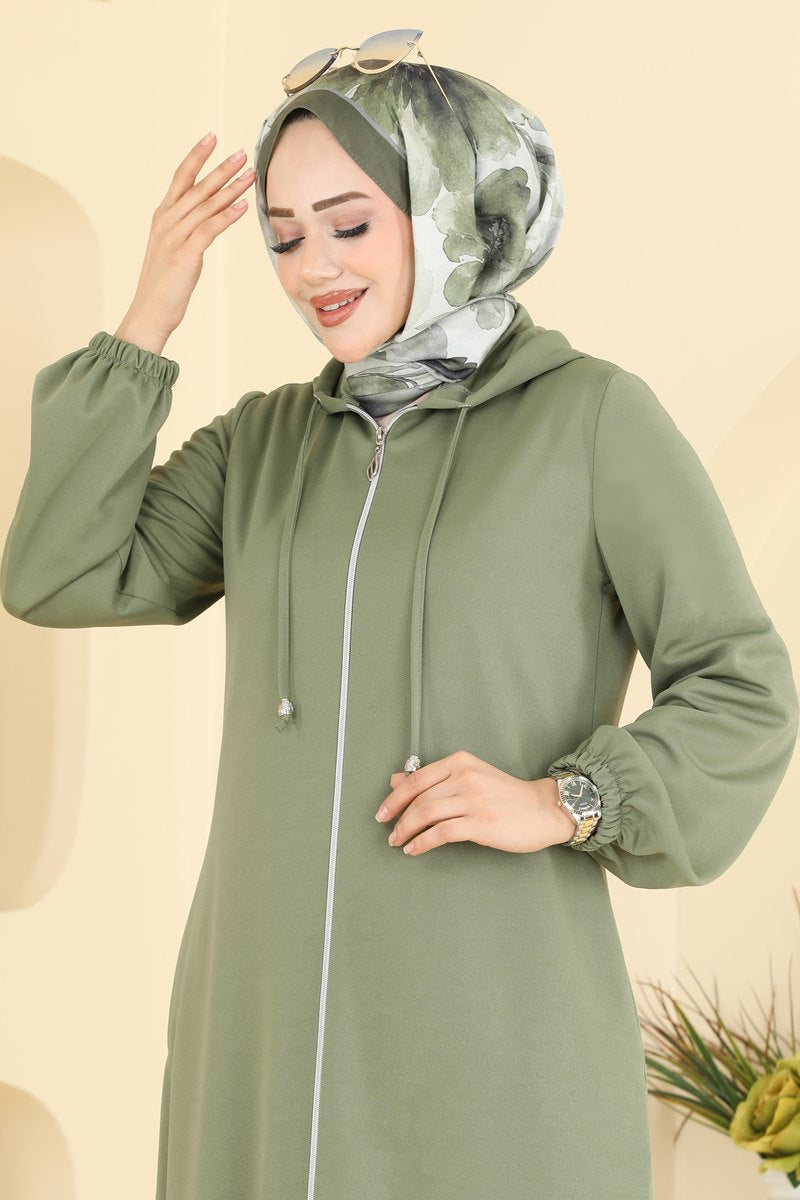 Zip-Front Hooded Cape Coat - Almond Green