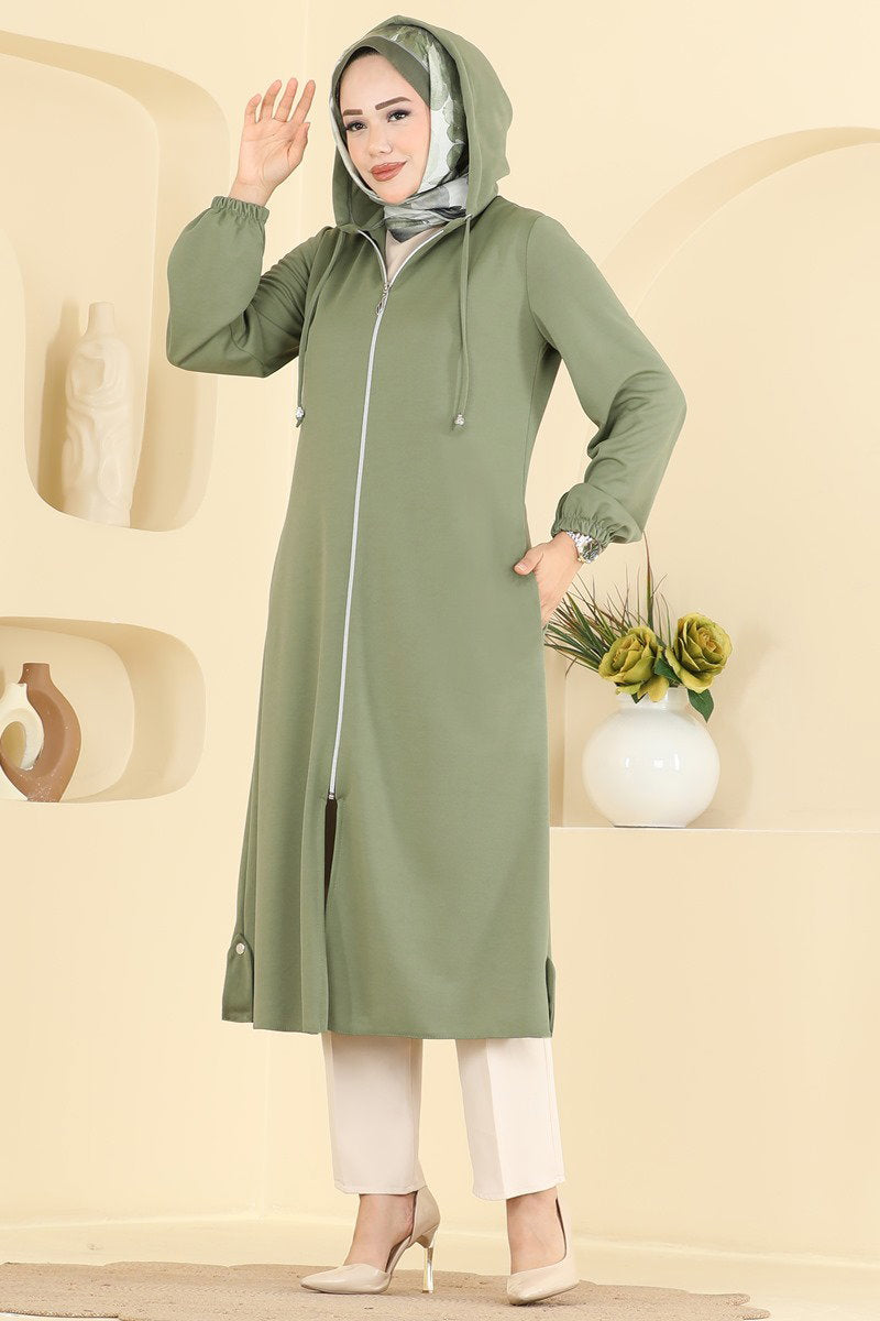 Zip-Front Hooded Cape Coat - Almond Green