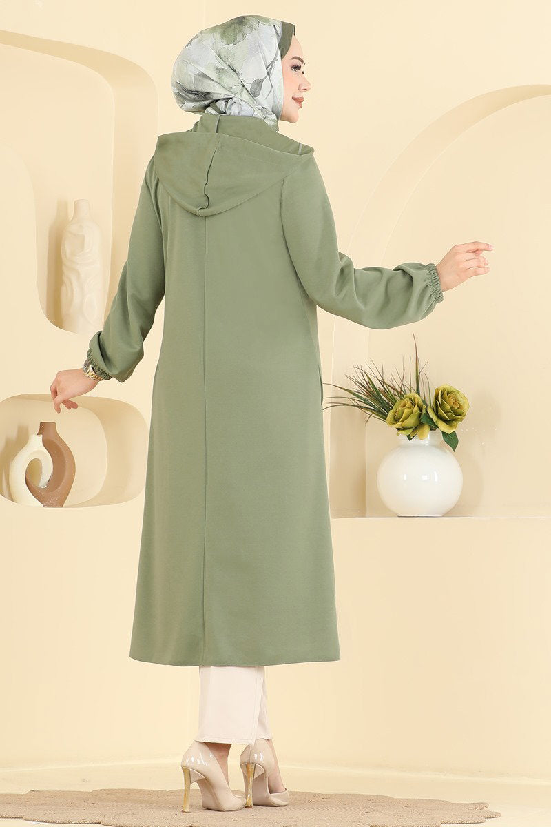 Zip-Front Hooded Cape Coat - Almond Green