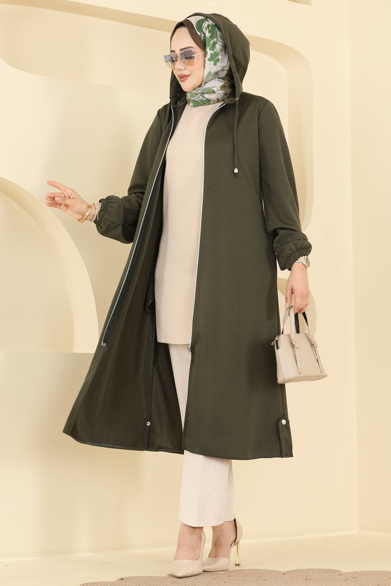 Zip-Front Hooded Cape Coat - Khaki