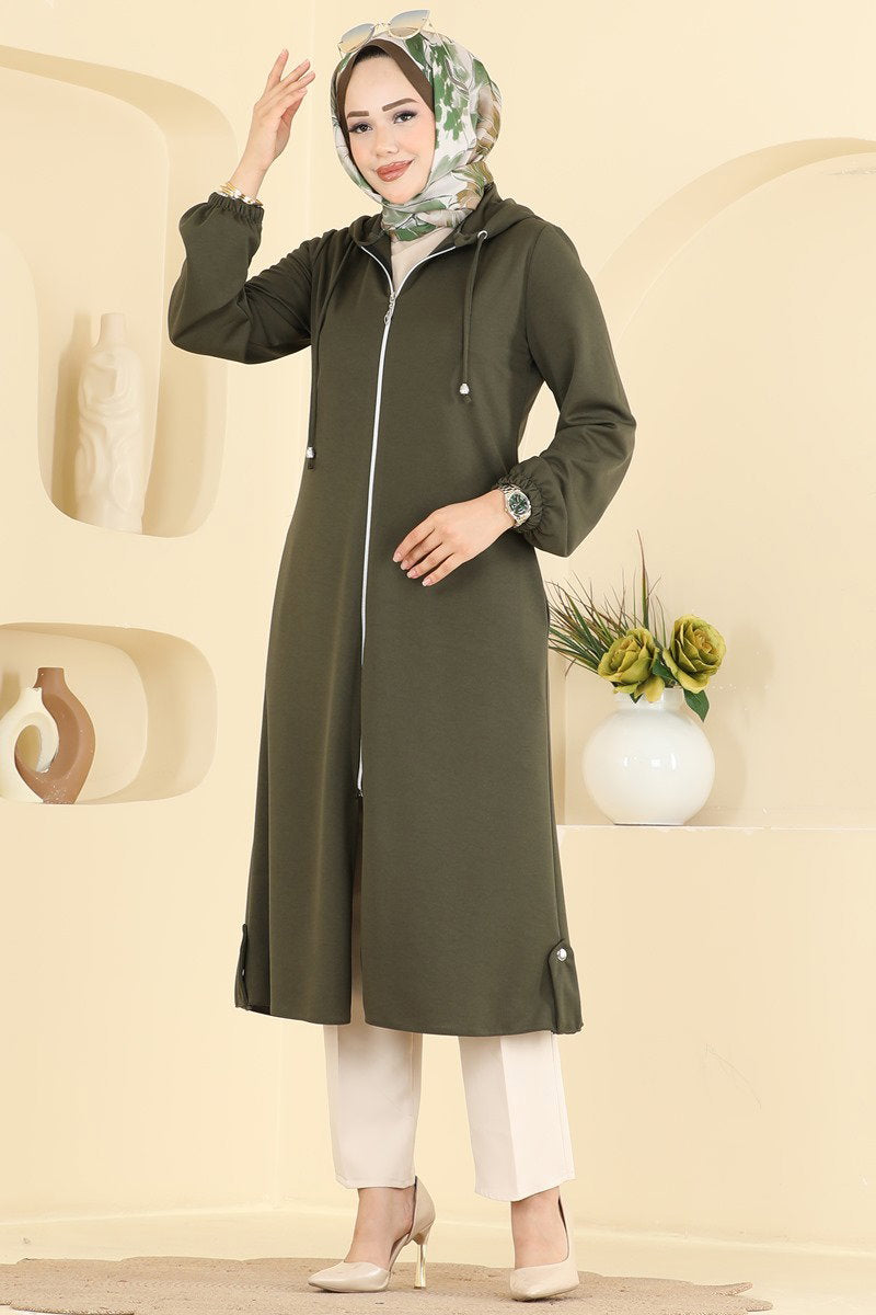 Zip-Front Hooded Cape Coat - Khaki