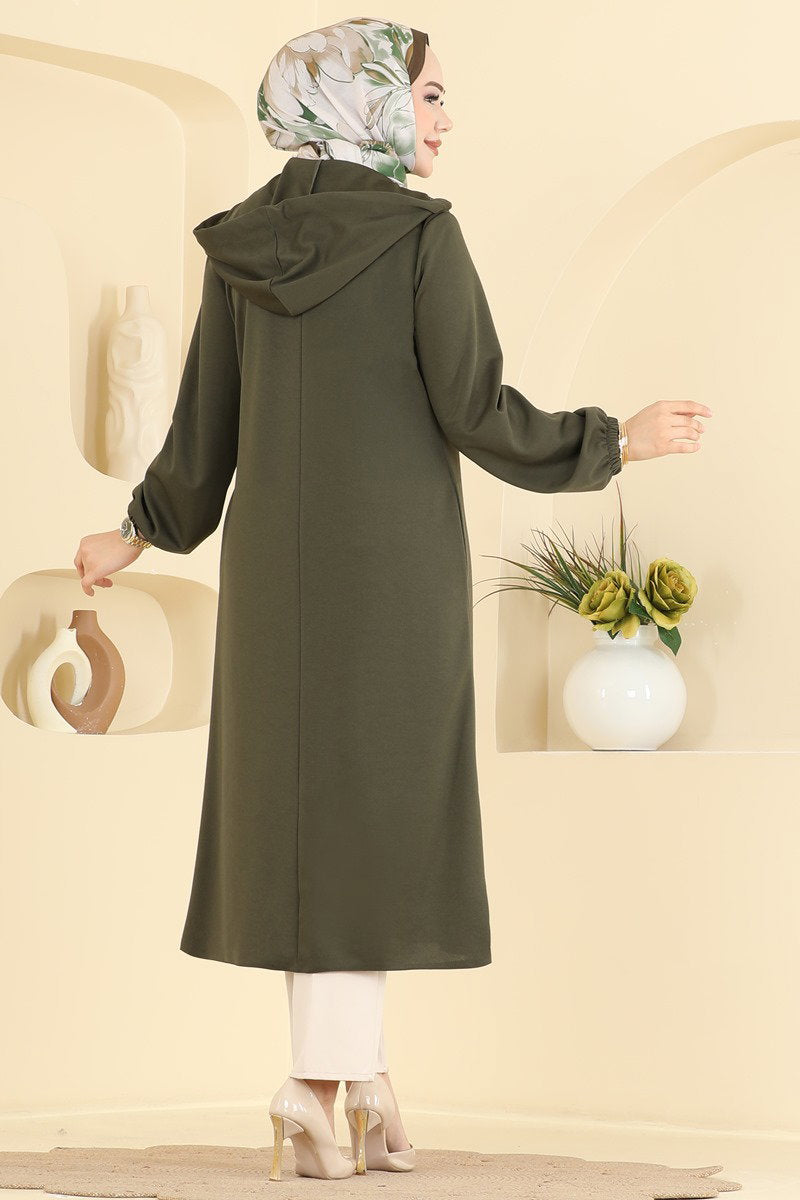 Zip-Front Hooded Cape Coat - Khaki