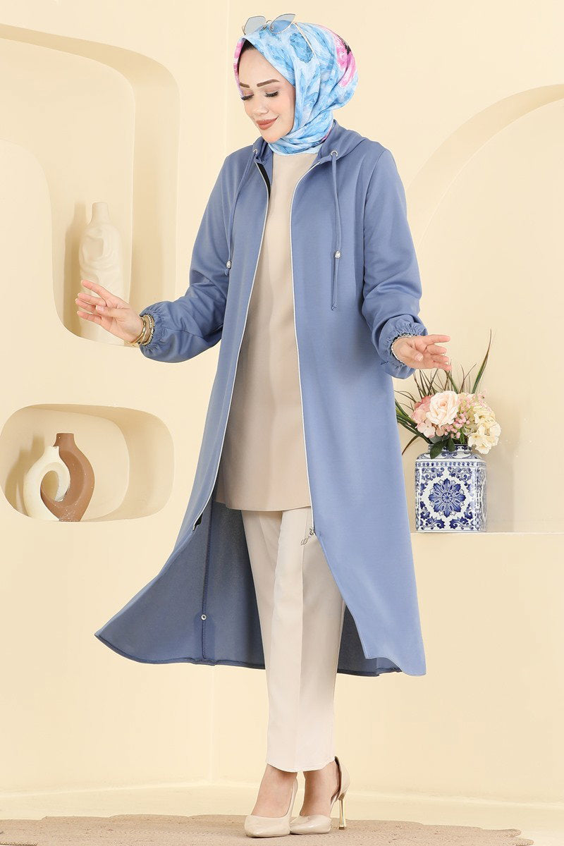 Zip-Front Hooded Cape Coat - Blue