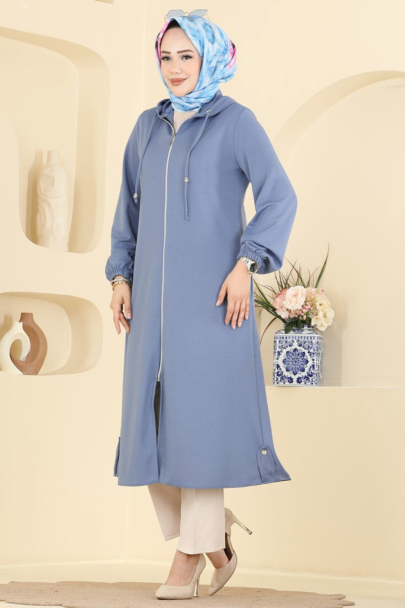 Zip-Front Hooded Cape Coat - Blue